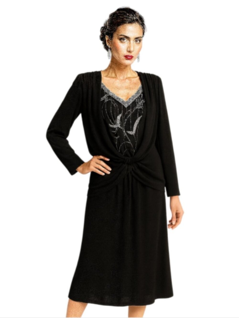 Vintage Holiday Party Black Midi Dress Size 8 Silver & Dark Beads USA Made Retro